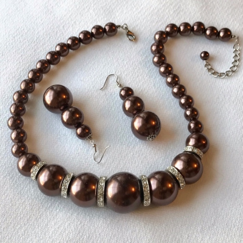 Rhinestone & Brown Bauble Necklace & Earrings Set